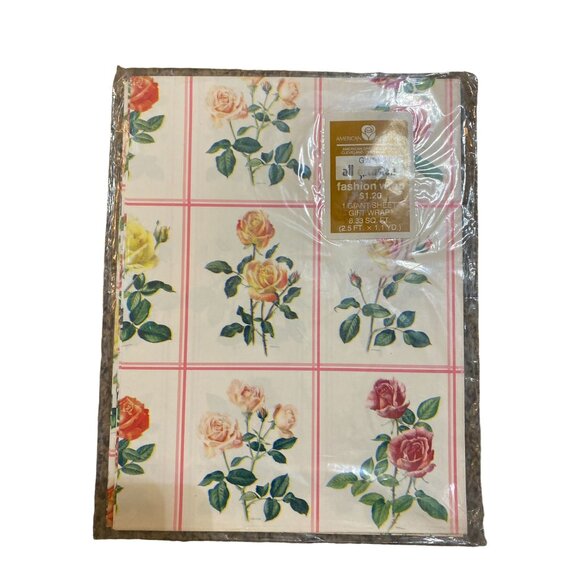 Vintage American Greetings All Occasion Gift Wrap NEW Roses Windowpane - Picture 1 of 4